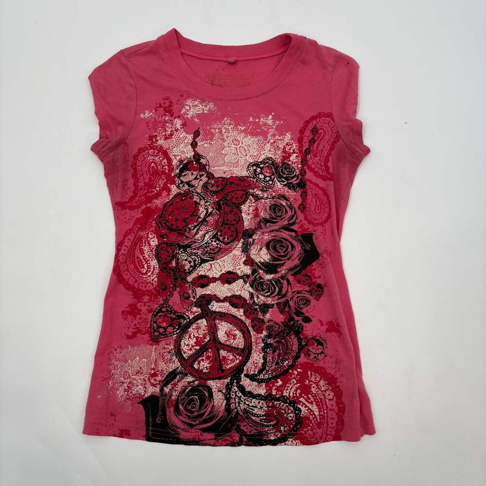 Rocker Girl Womens Size Small Pink Graphic Tee Cap Sleeve Roses Y2K Grunge